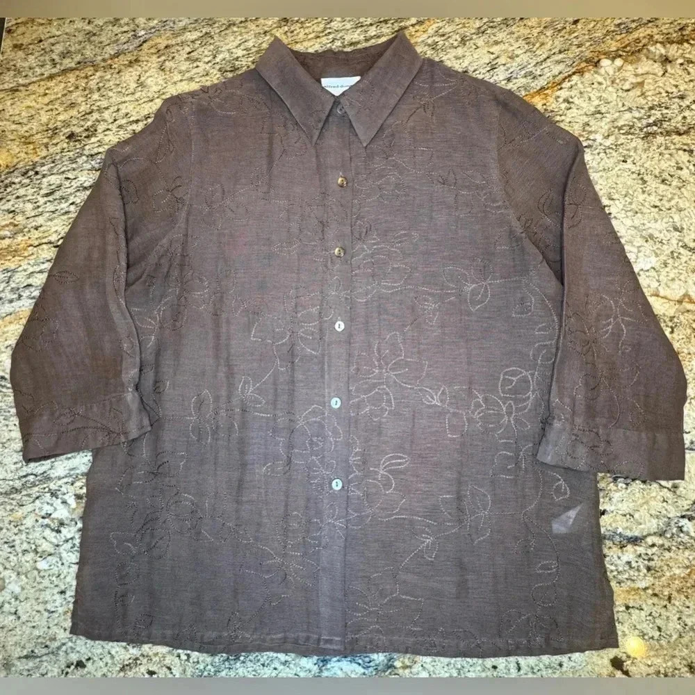 Alfred Dunner Brown Embroidered 3/4 Sleeve Button Front Shirt Women’s Size 14